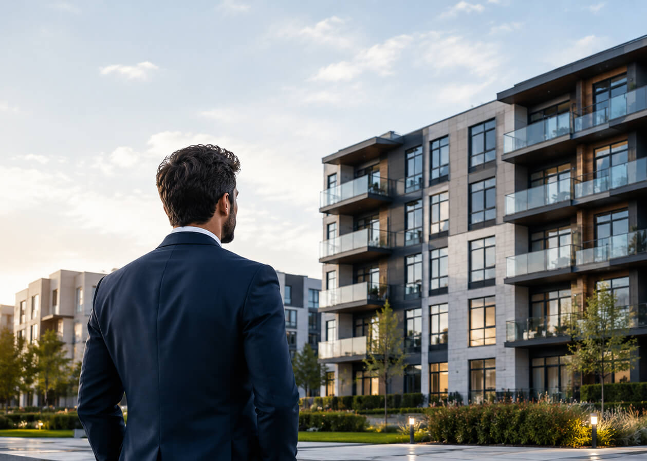 Gestionnaire immobilier devant immeuble multilogement